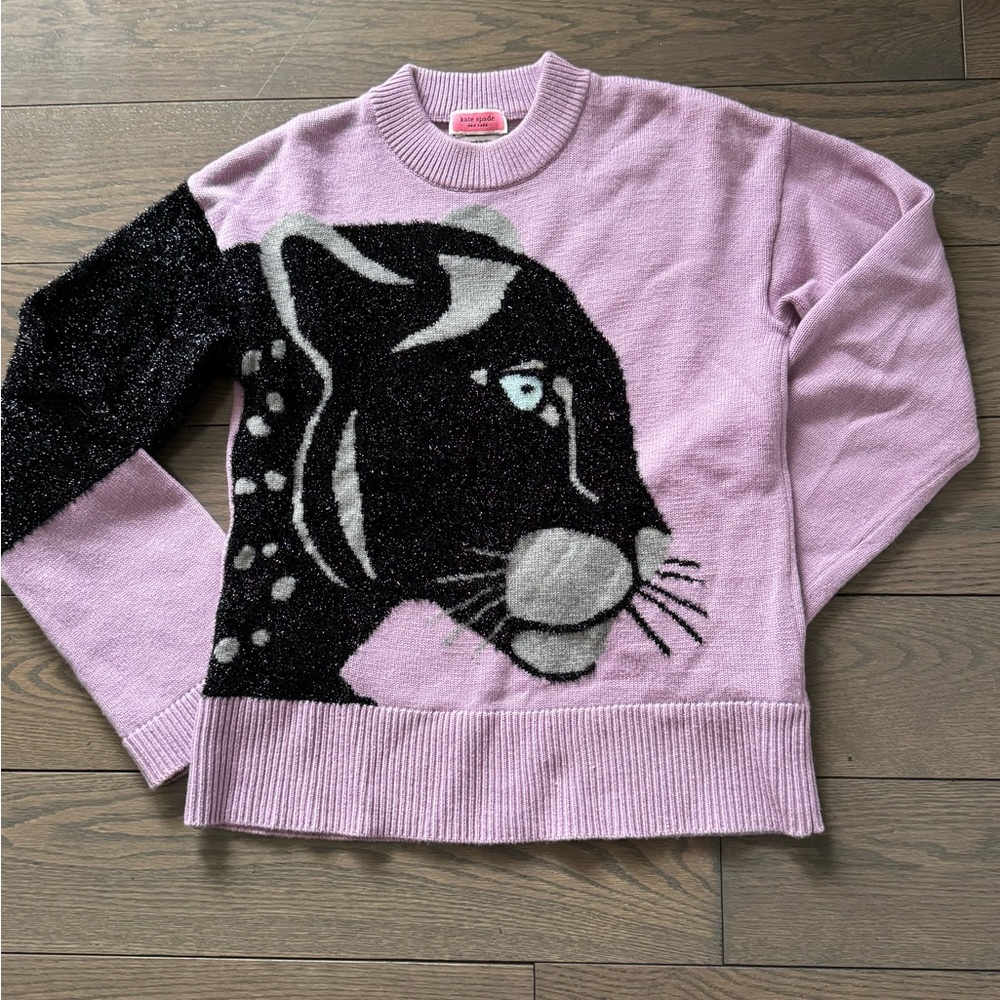 kate spade Lavender Crewneck Sweater with Black Panther Motif